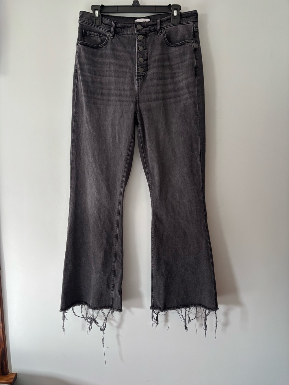 LOFT Black High-Rise Flare Jeans with Distressed Hem